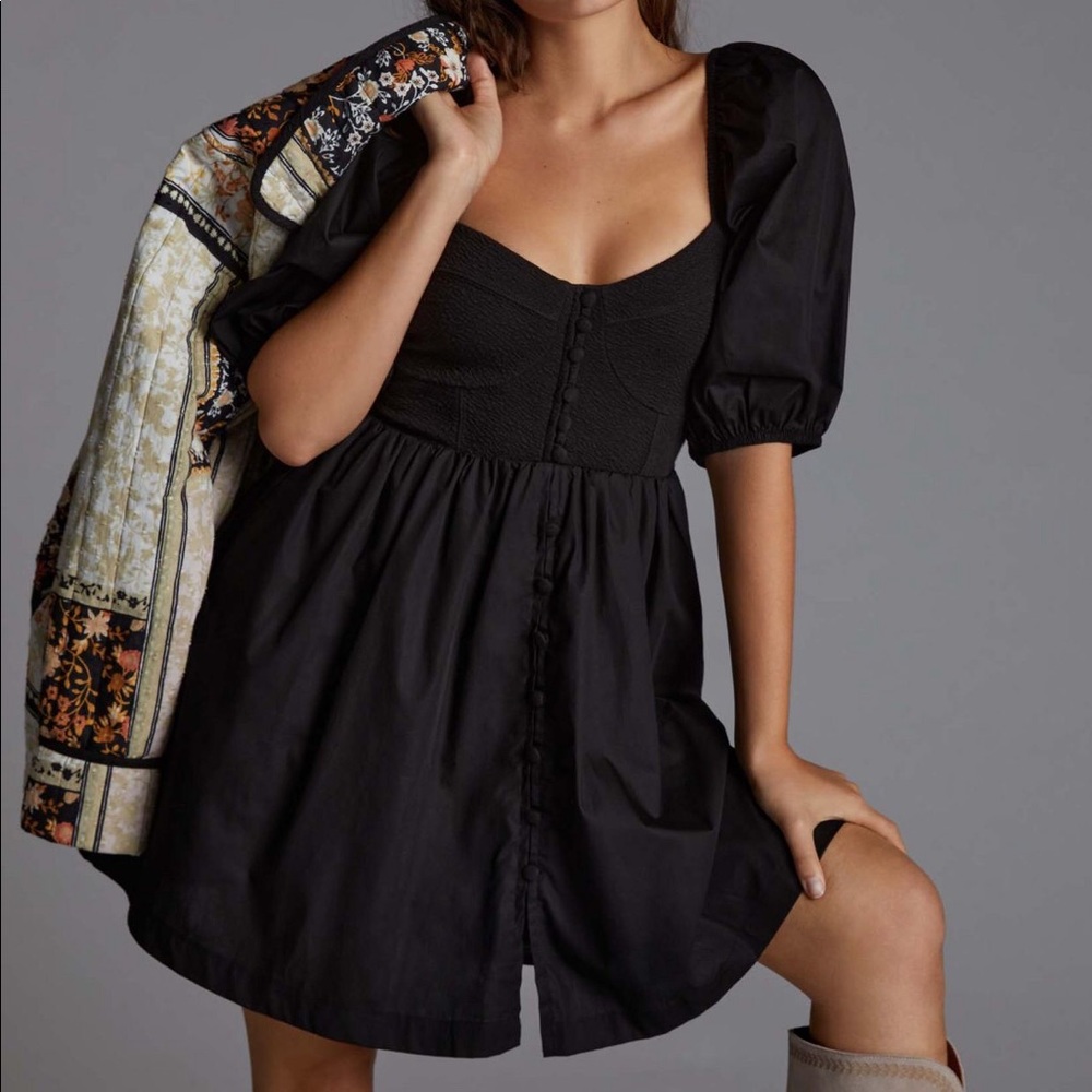 Maeve Black Puff Sleeved Mini Black Dress